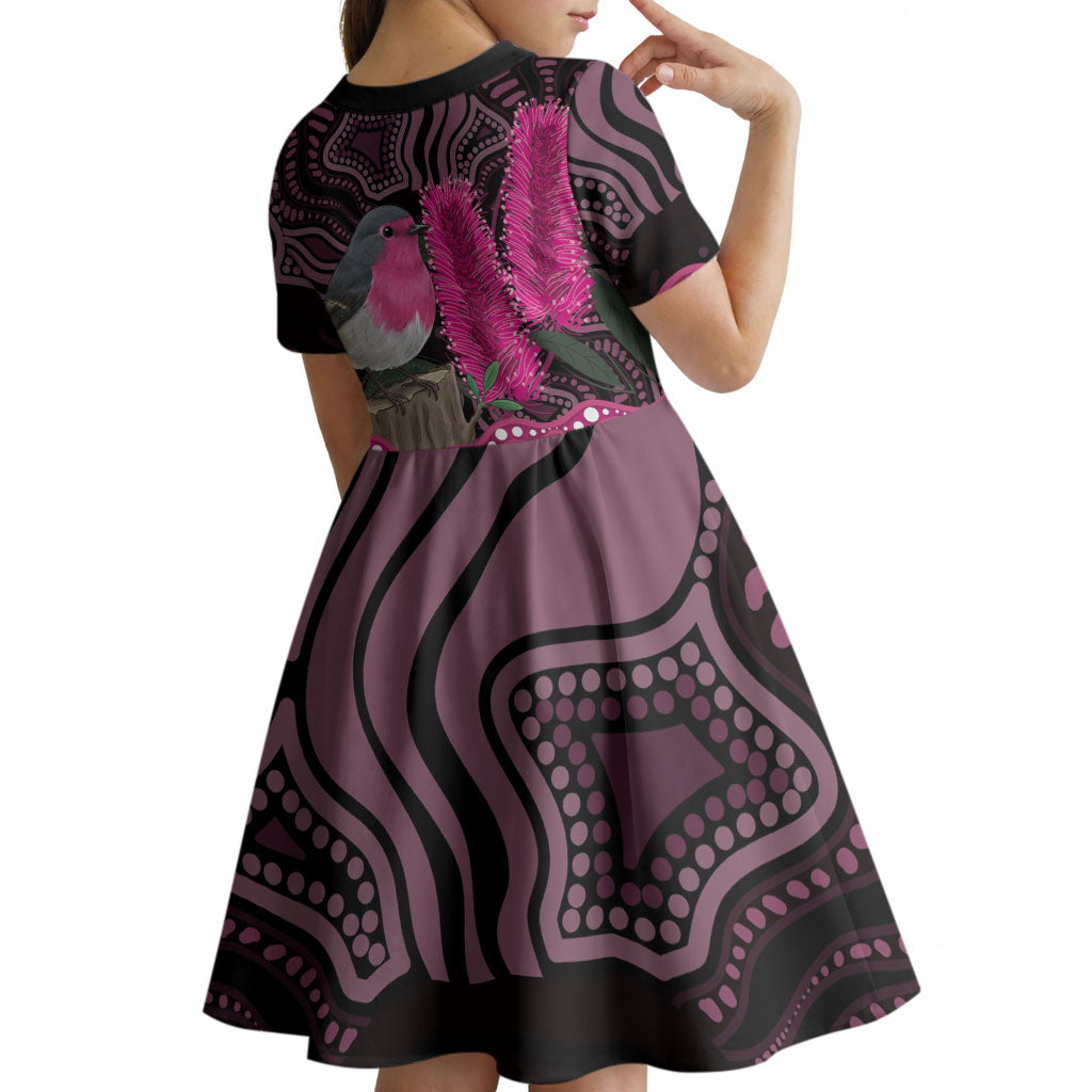 Australia Indigenous Kid Short Sleeve Dress Breast Cancer Pink Robin Bottlebrush Aboriginal Art