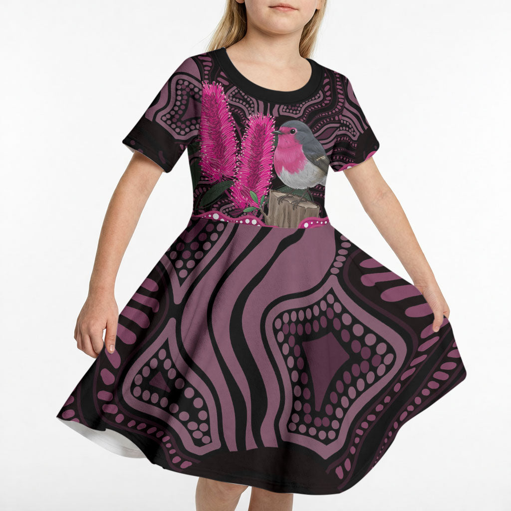 Australia Indigenous Kid Short Sleeve Dress Breast Cancer Pink Robin Bottlebrush Aboriginal Art