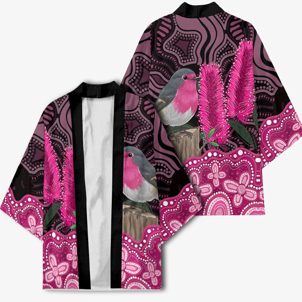 Australia Indigenous Kimono Breast Cancer Pink Robin Bottlebrush Aboriginal Art