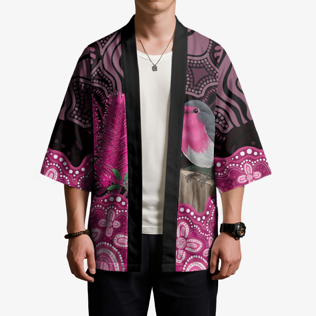 Australia Indigenous Kimono Breast Cancer Pink Robin Bottlebrush Aboriginal Art