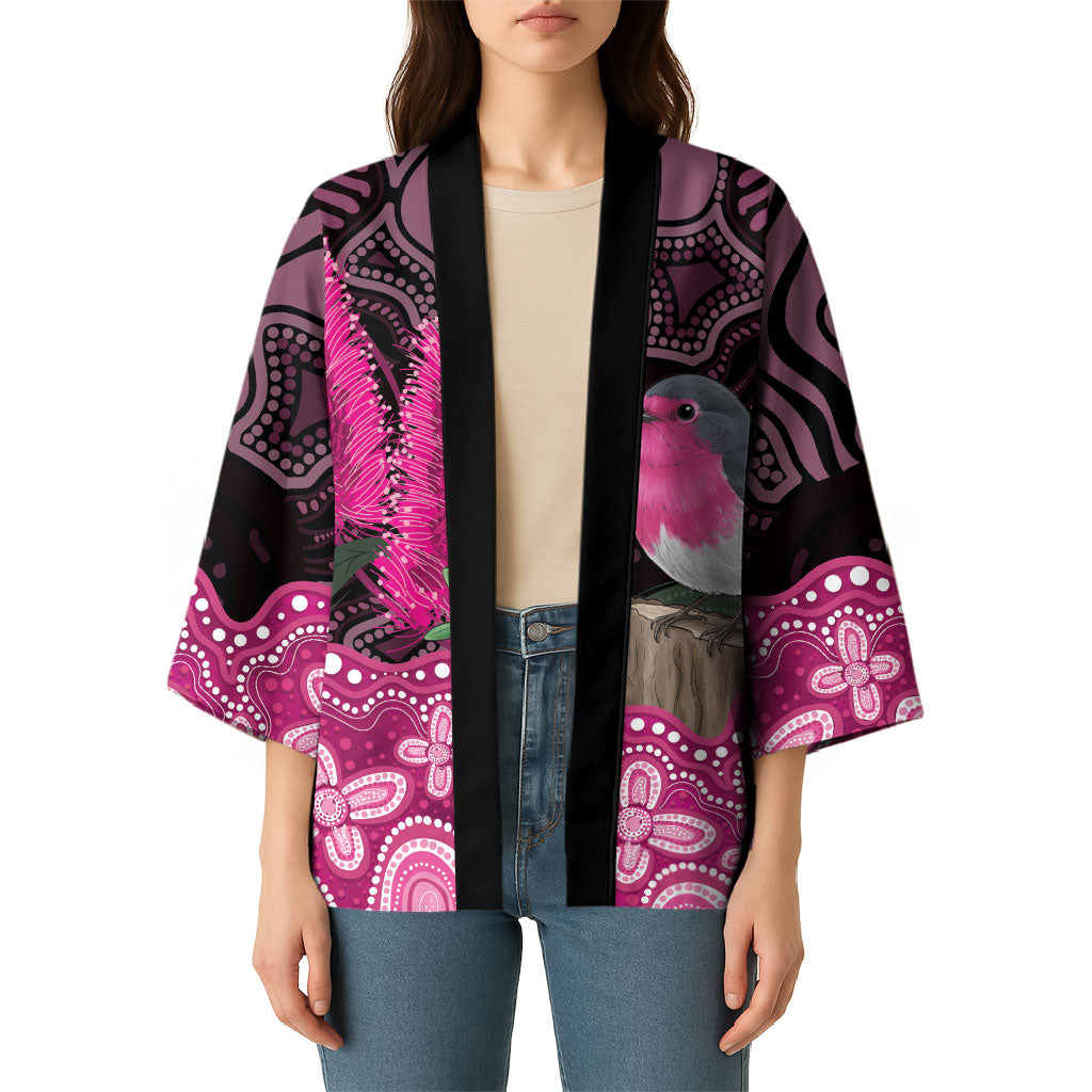 Australia Indigenous Kimono Breast Cancer Pink Robin Bottlebrush Aboriginal Art