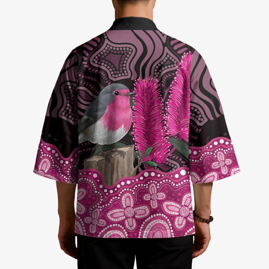Australia Indigenous Kimono Breast Cancer Pink Robin Bottlebrush Aboriginal Art