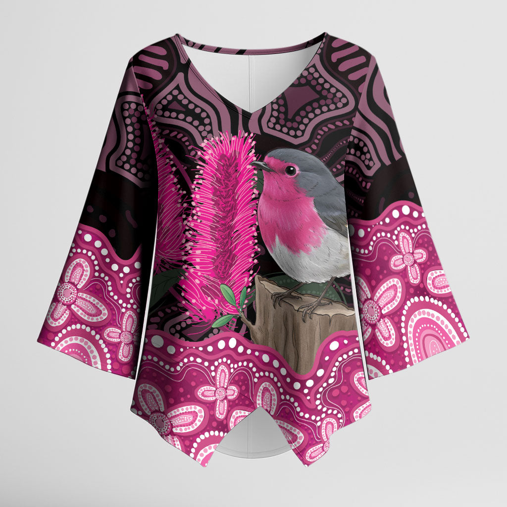Australia Indigenous Kimono Sleeve Blouse Breast Cancer Pink Robin Bottlebrush Aboriginal Art