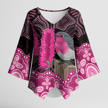 Australia Indigenous Kimono Sleeve Blouse Breast Cancer Pink Robin Bottlebrush Aboriginal Art