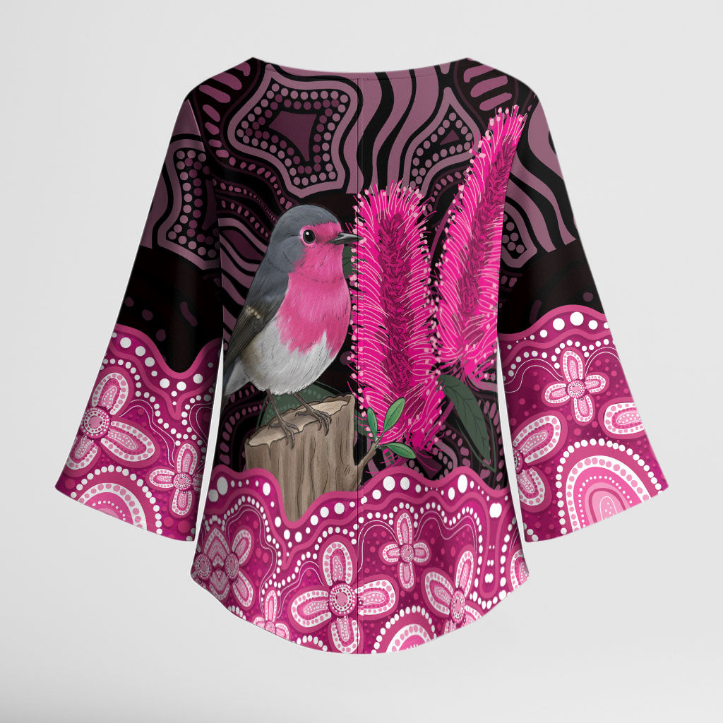 Australia Indigenous Kimono Sleeve Blouse Breast Cancer Pink Robin Bottlebrush Aboriginal Art