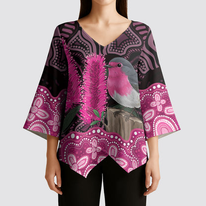 Australia Indigenous Kimono Sleeve Blouse Breast Cancer Pink Robin Bottlebrush Aboriginal Art