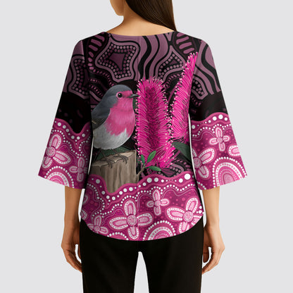 Australia Indigenous Kimono Sleeve Blouse Breast Cancer Pink Robin Bottlebrush Aboriginal Art