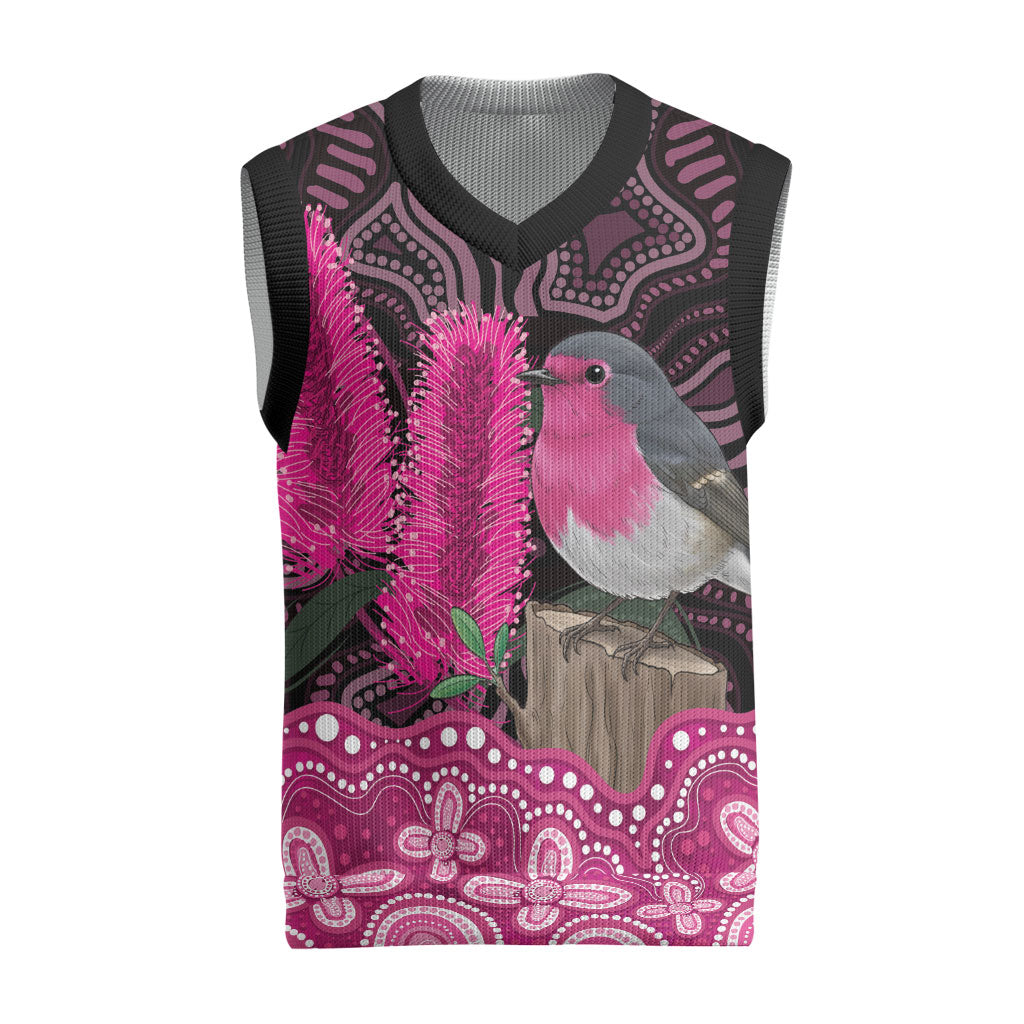 Australia Indigenous Christmas Knitted V-Neck Vest Breast Cancer Pink Robin Bottlebrush Aboriginal Art