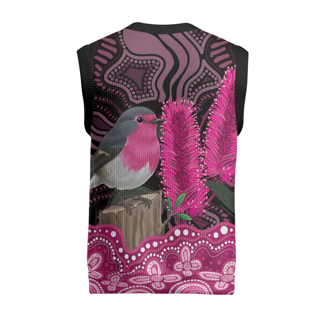 Australia Indigenous Christmas Knitted V-Neck Vest Breast Cancer Pink Robin Bottlebrush Aboriginal Art