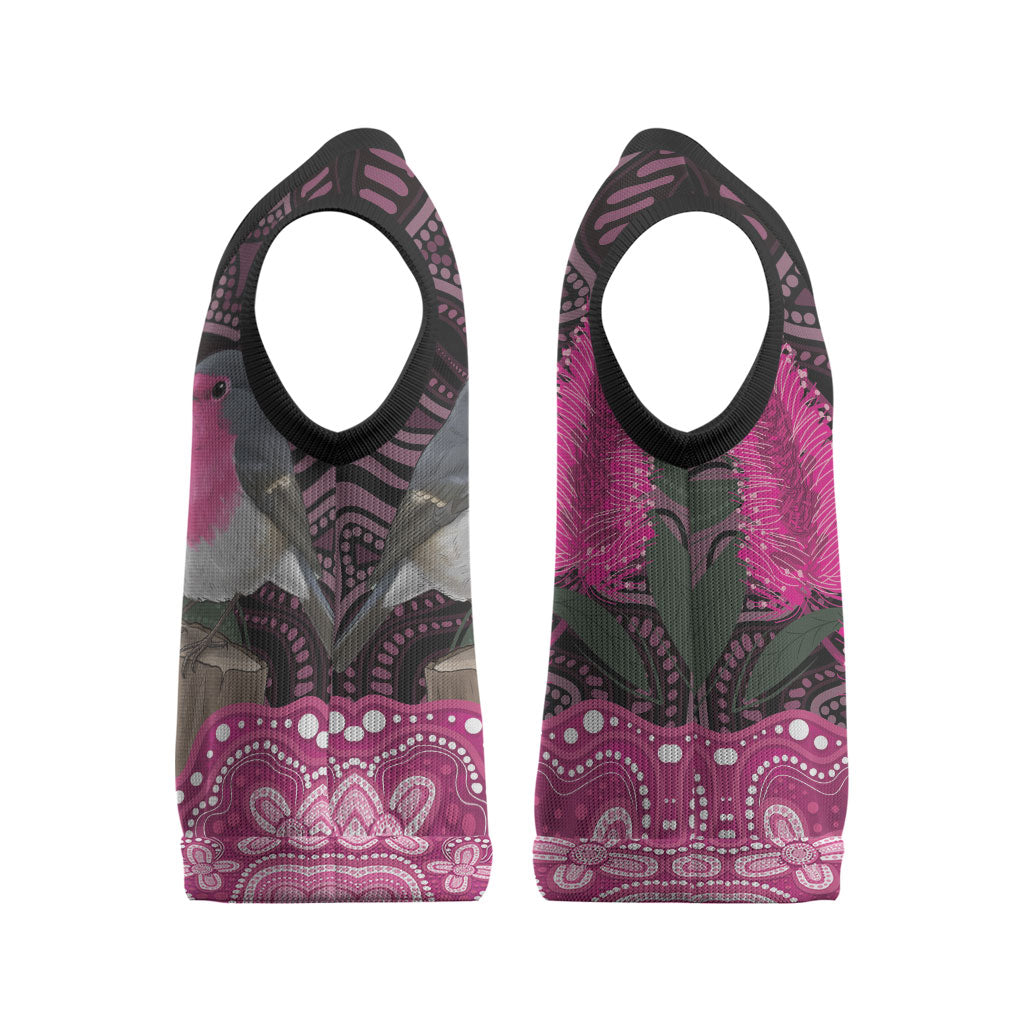Australia Indigenous Christmas Knitted V-Neck Vest Breast Cancer Pink Robin Bottlebrush Aboriginal Art