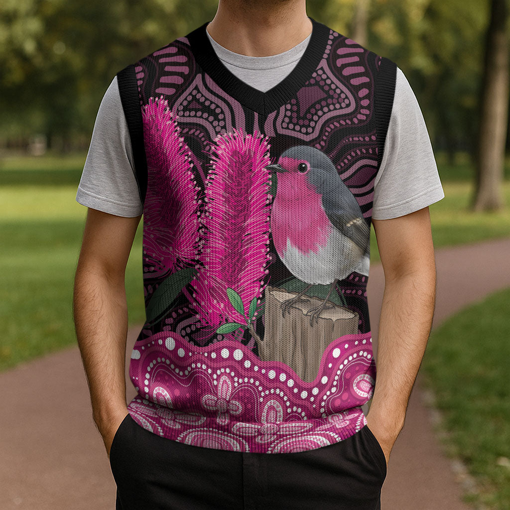 Australia Indigenous Christmas Knitted V-Neck Vest Breast Cancer Pink Robin Bottlebrush Aboriginal Art