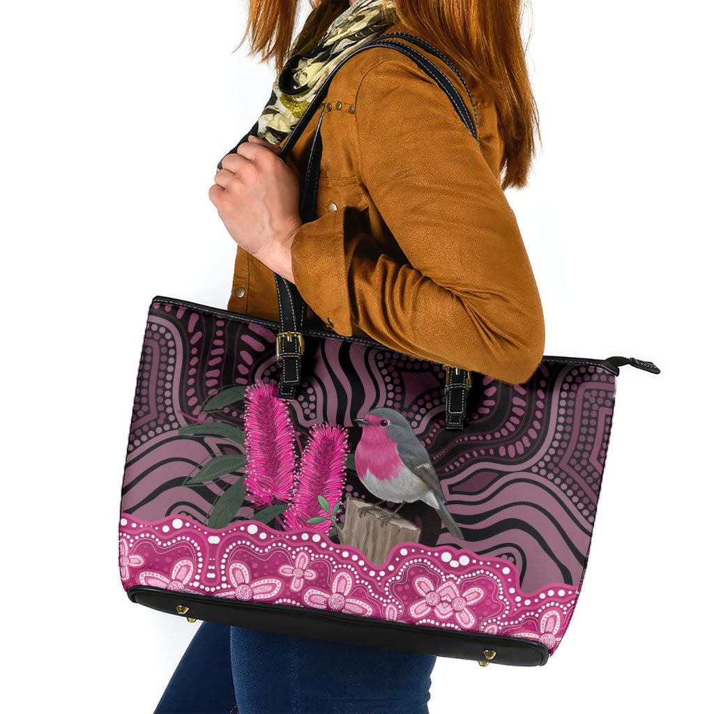 Australia Indigenous Leather Tote Bag Breast Cancer Pink Robin Bottlebrush Aboriginal Art