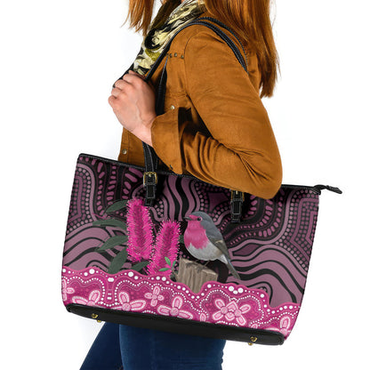 Australia Indigenous Leather Tote Bag Breast Cancer Pink Robin Bottlebrush Aboriginal Art