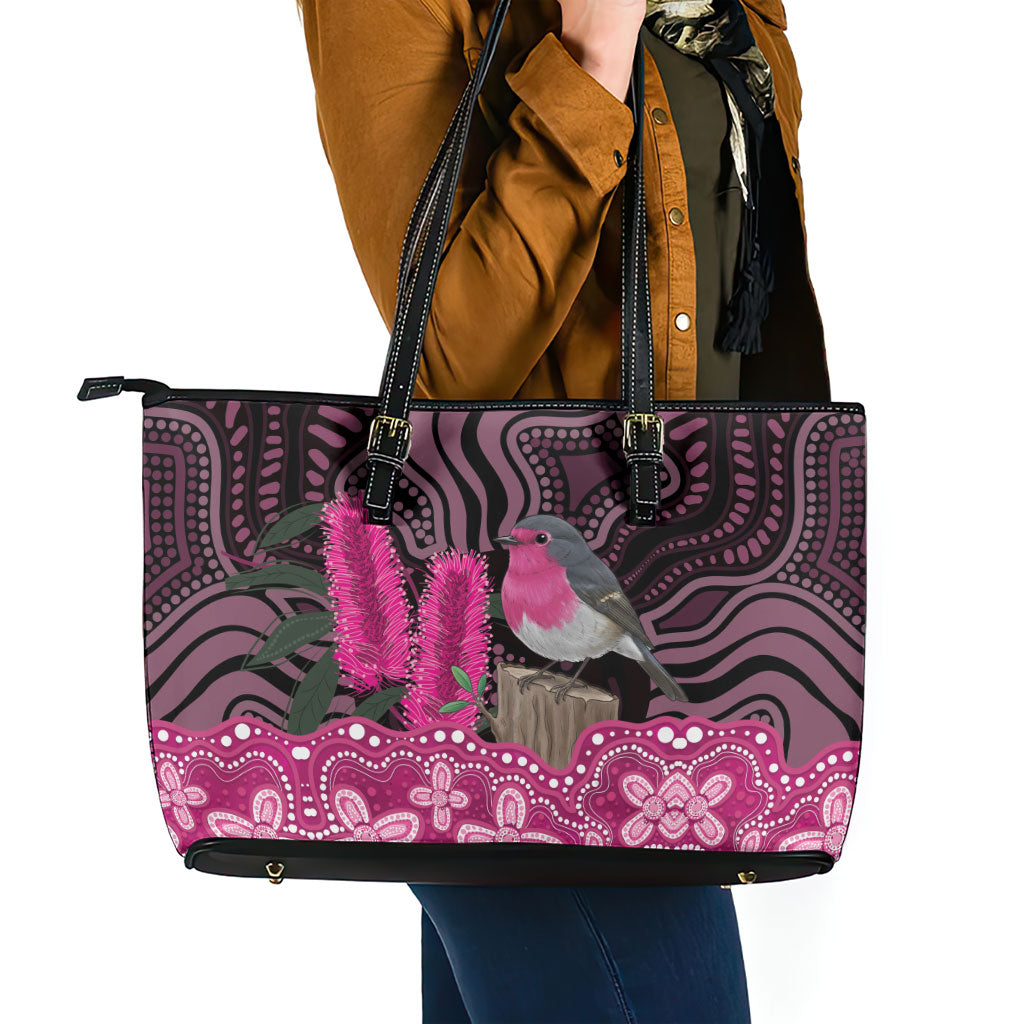 Australia Indigenous Leather Tote Bag Breast Cancer Pink Robin Bottlebrush Aboriginal Art