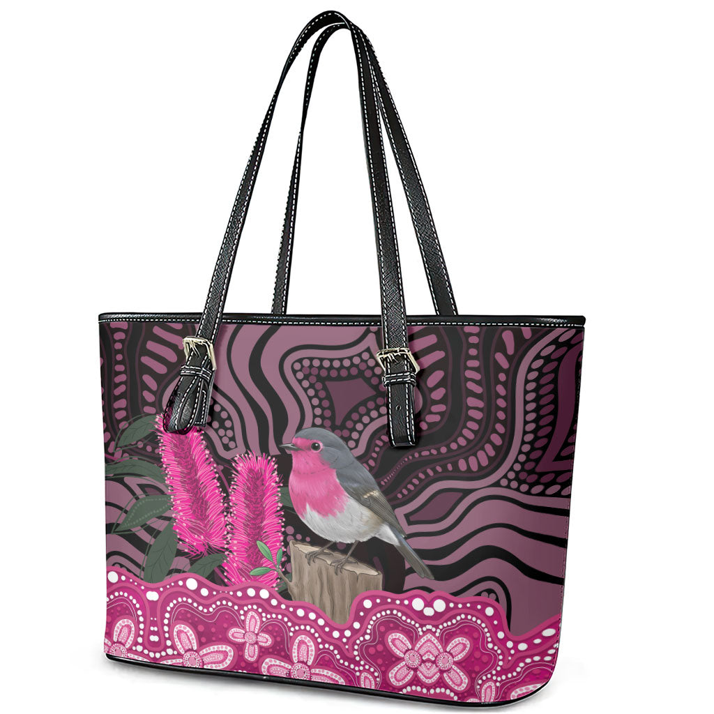 Australia Indigenous Leather Tote Bag Breast Cancer Pink Robin Bottlebrush Aboriginal Art
