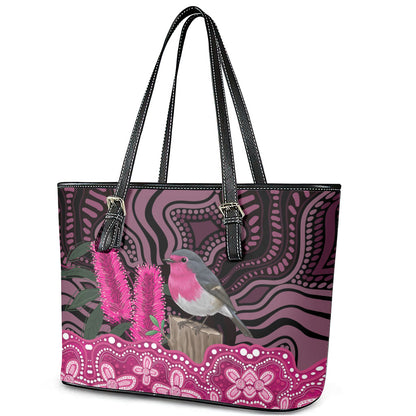 Australia Indigenous Leather Tote Bag Breast Cancer Pink Robin Bottlebrush Aboriginal Art
