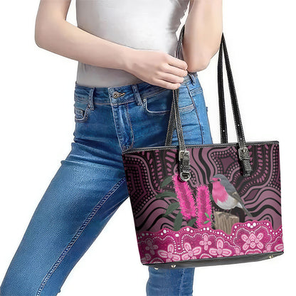 Australia Indigenous Leather Tote Bag Breast Cancer Pink Robin Bottlebrush Aboriginal Art