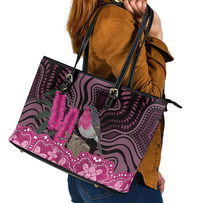 Australia Indigenous Leather Tote Bag Breast Cancer Pink Robin Bottlebrush Aboriginal Art