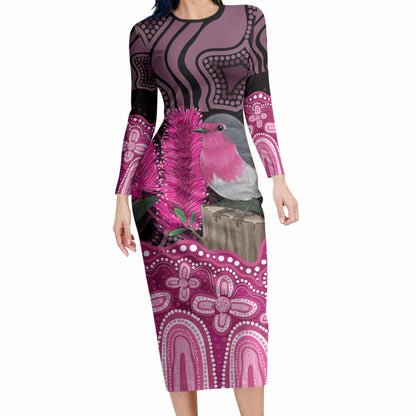 Australia Indigenous Long Sleeve Bodycon Dress Breast Cancer Pink Robin Bottlebrush Aboriginal Art