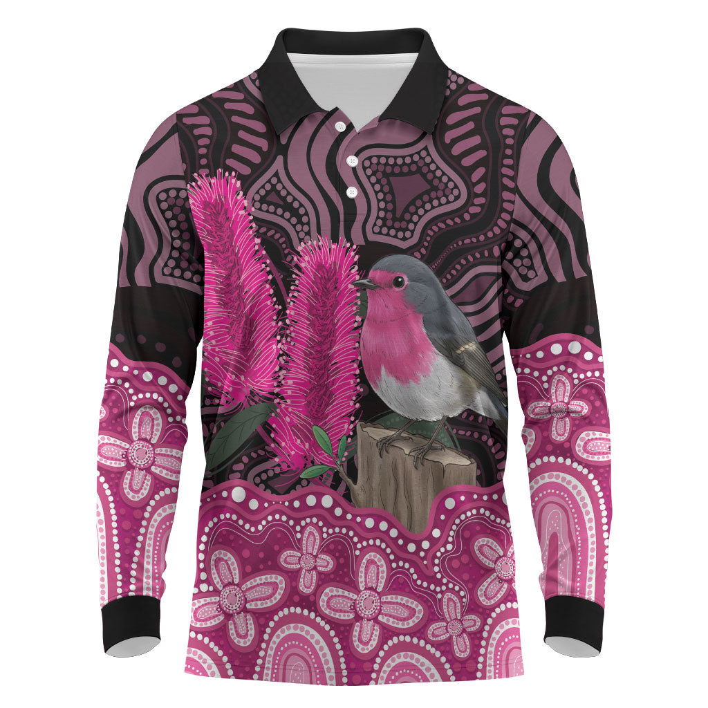 Australia Indigenous Long Sleeve Polo Shirt Breast Cancer Pink Robin Bottlebrush Aboriginal Art