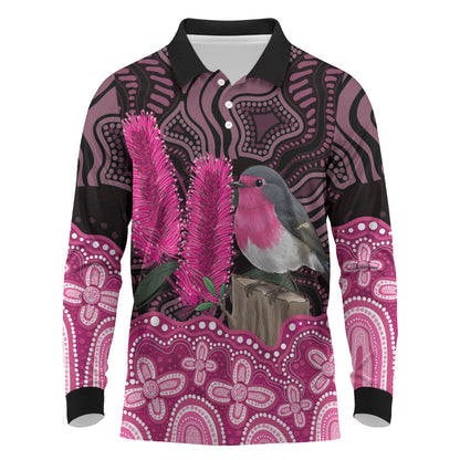 Australia Indigenous Long Sleeve Polo Shirt Breast Cancer Pink Robin Bottlebrush Aboriginal Art