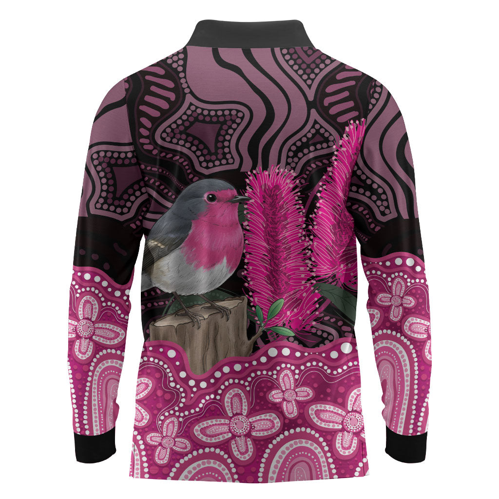 Australia Indigenous Long Sleeve Polo Shirt Breast Cancer Pink Robin Bottlebrush Aboriginal Art