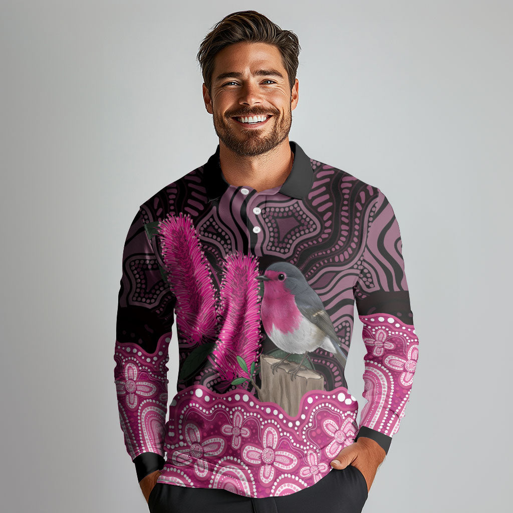Australia Indigenous Long Sleeve Polo Shirt Breast Cancer Pink Robin Bottlebrush Aboriginal Art
