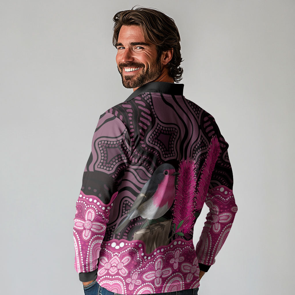Australia Indigenous Long Sleeve Polo Shirt Breast Cancer Pink Robin Bottlebrush Aboriginal Art