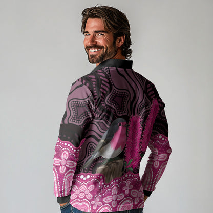 Australia Indigenous Long Sleeve Polo Shirt Breast Cancer Pink Robin Bottlebrush Aboriginal Art