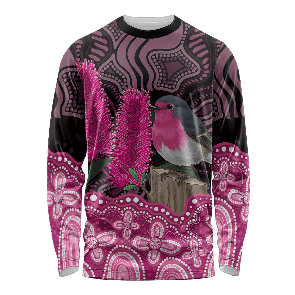Australia Indigenous Long Sleeve Shirt Breast Cancer Pink Robin Bottlebrush Aboriginal Art