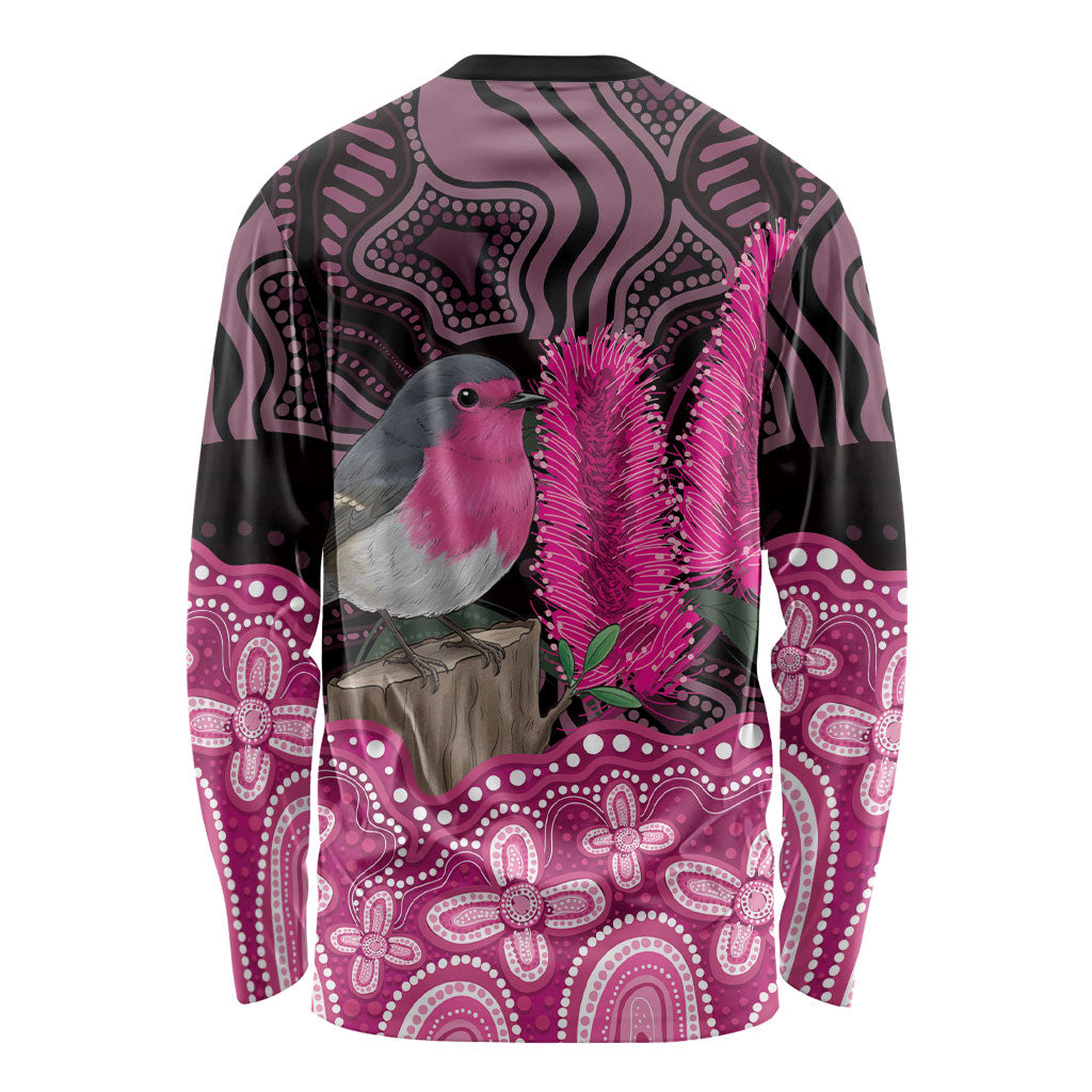 Australia Indigenous Long Sleeve Shirt Breast Cancer Pink Robin Bottlebrush Aboriginal Art