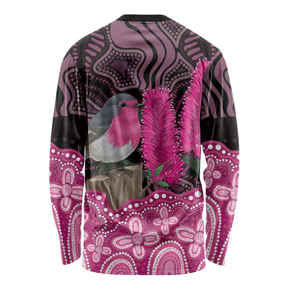 Australia Indigenous Long Sleeve Shirt Breast Cancer Pink Robin Bottlebrush Aboriginal Art