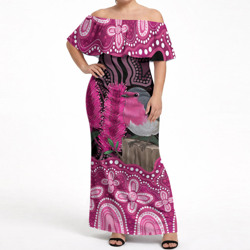 Australia Indigenous Off Shoulder Maxi Dress Breast Cancer Pink Robin Bottlebrush Aboriginal Art