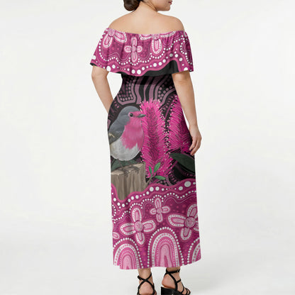 Australia Indigenous Off Shoulder Maxi Dress Breast Cancer Pink Robin Bottlebrush Aboriginal Art