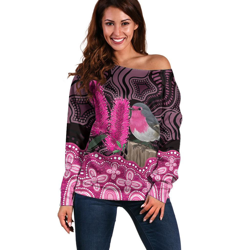 Australia Indigenous Off Shoulder Sweater Breast Cancer Pink Robin Bottlebrush Aboriginal Art