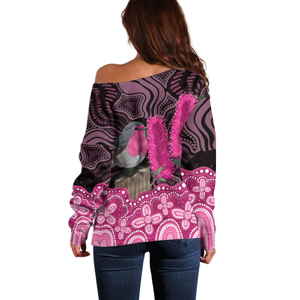 Australia Indigenous Off Shoulder Sweater Breast Cancer Pink Robin Bottlebrush Aboriginal Art