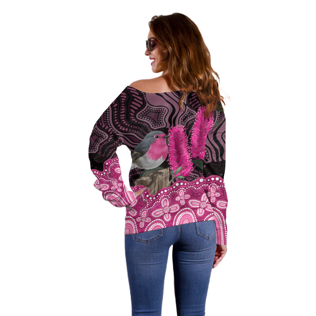 Australia Indigenous Off Shoulder Sweater Breast Cancer Pink Robin Bottlebrush Aboriginal Art