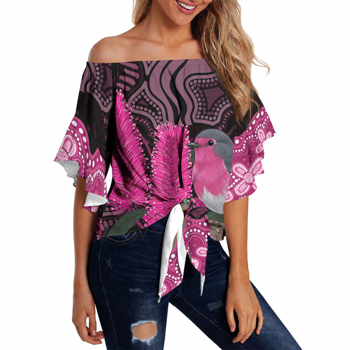 Australia Indigenous Off Shoulder Wrap Waist Top Breast Cancer Pink Robin Bottlebrush Aboriginal Art