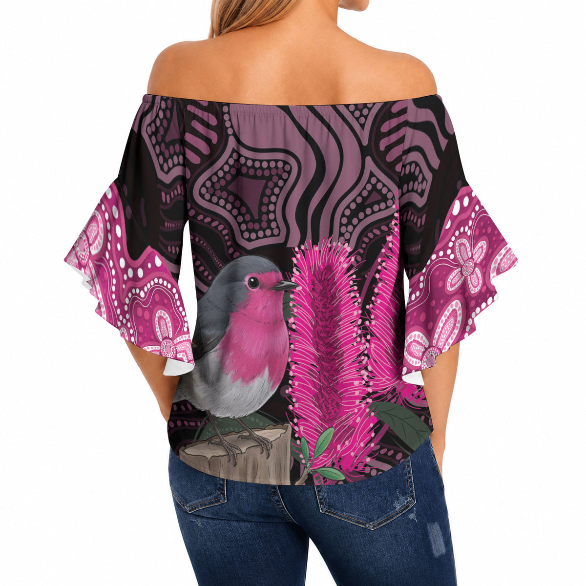 Australia Indigenous Off Shoulder Wrap Waist Top Breast Cancer Pink Robin Bottlebrush Aboriginal Art