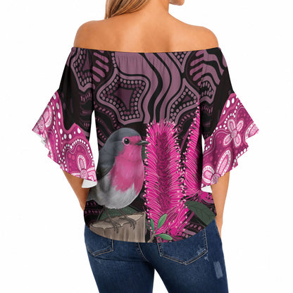 Australia Indigenous Off Shoulder Wrap Waist Top Breast Cancer Pink Robin Bottlebrush Aboriginal Art