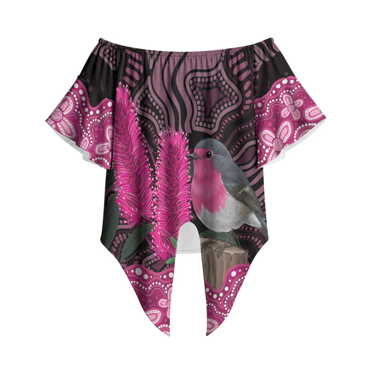 Australia Indigenous Off Shoulder Wrap Waist Top Breast Cancer Pink Robin Bottlebrush Aboriginal Art