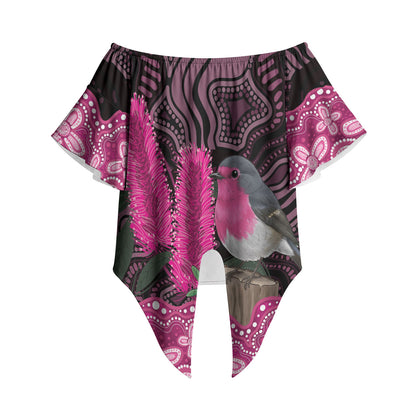 Australia Indigenous Off Shoulder Wrap Waist Top Breast Cancer Pink Robin Bottlebrush Aboriginal Art