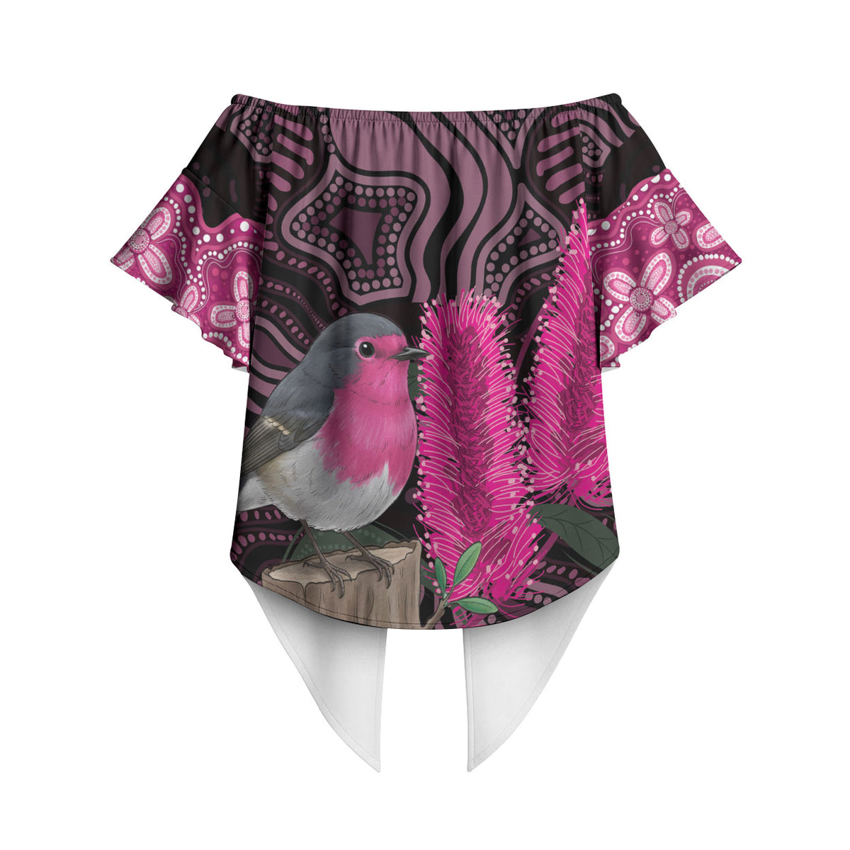 Australia Indigenous Off Shoulder Wrap Waist Top Breast Cancer Pink Robin Bottlebrush Aboriginal Art
