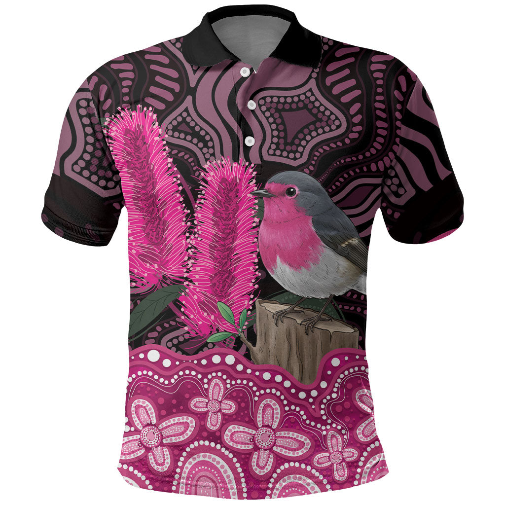 Australia Indigenous Polo Shirt Breast Cancer Pink Robin Bottlebrush Aboriginal Art