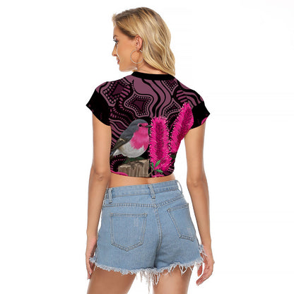 Australia Indigenous Raglan Cropped T Shirt Breast Cancer Pink Robin Bottlebrush Aboriginal Art