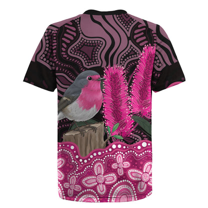 Australia Indigenous Rugby Jersey Breast Cancer Pink Robin Bottlebrush Aboriginal Art