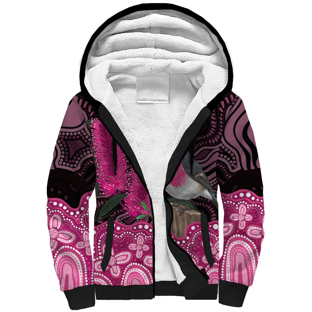 Australia Indigenous Sherpa Hoodie Breast Cancer Pink Robin Bottlebrush Aboriginal Art