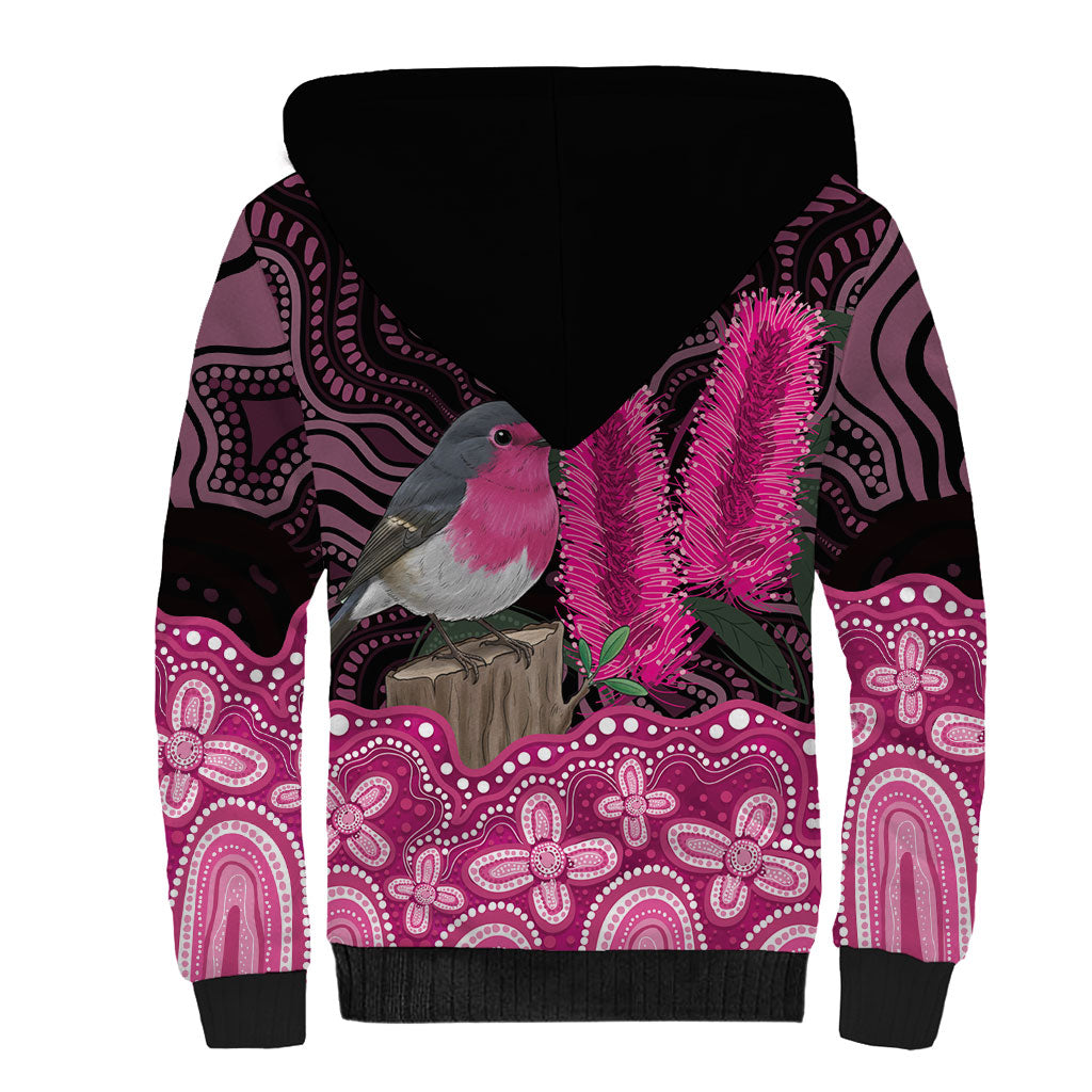 Australia Indigenous Sherpa Hoodie Breast Cancer Pink Robin Bottlebrush Aboriginal Art