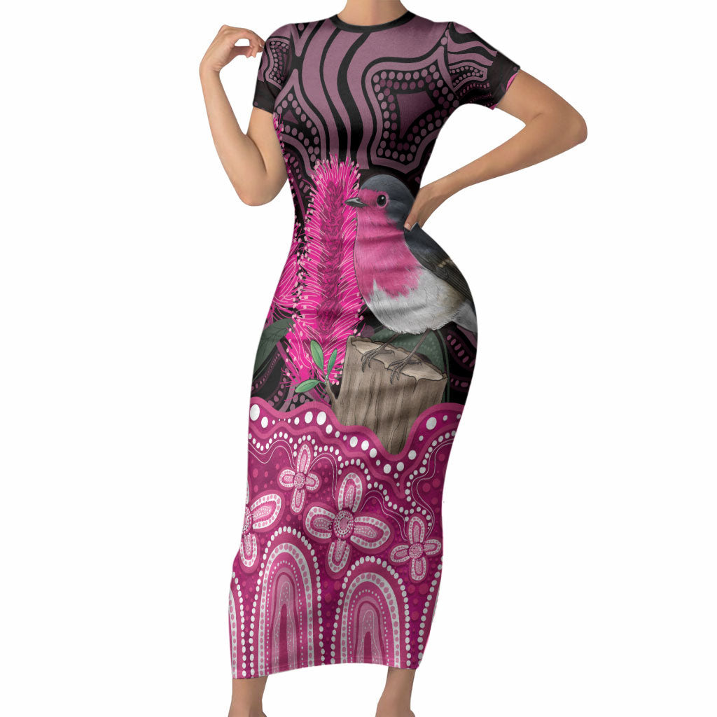 Australia Indigenous Short Sleeve Bodycon Dress Breast Cancer Pink Robin Bottlebrush Aboriginal Art