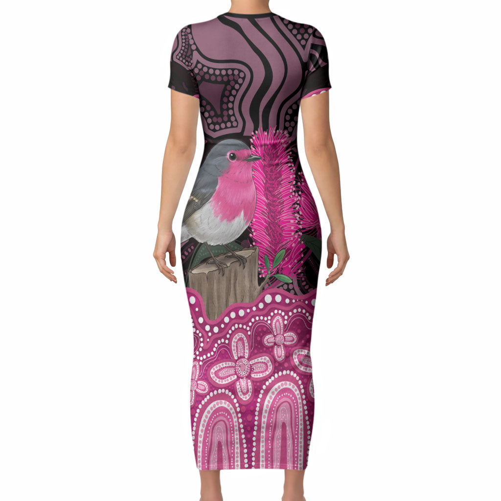 Australia Indigenous Short Sleeve Bodycon Dress Breast Cancer Pink Robin Bottlebrush Aboriginal Art